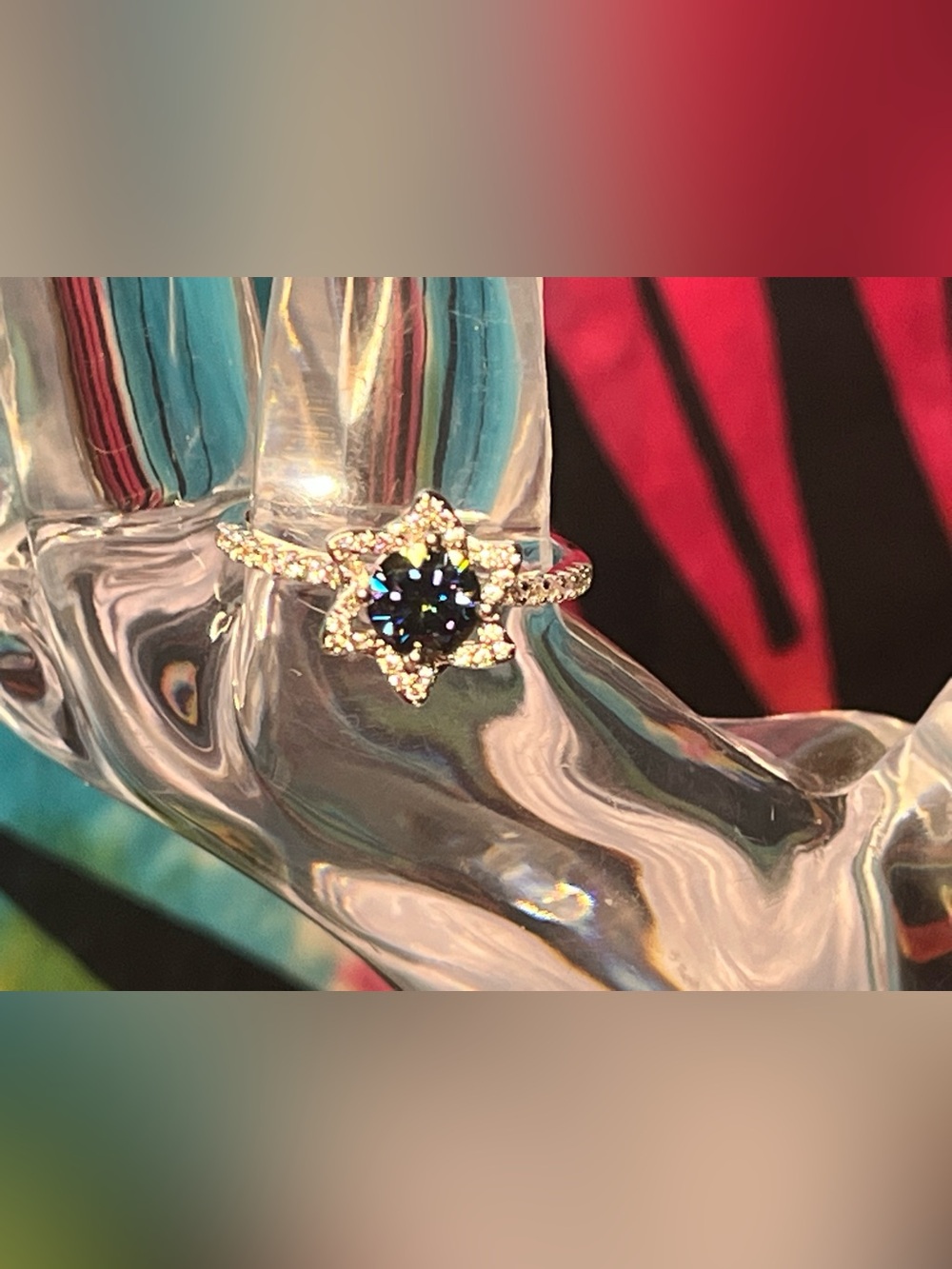 Rainbow Blue Moissanite Starburst Ring โข Size 9 โข 1.0 CT โข CR7115